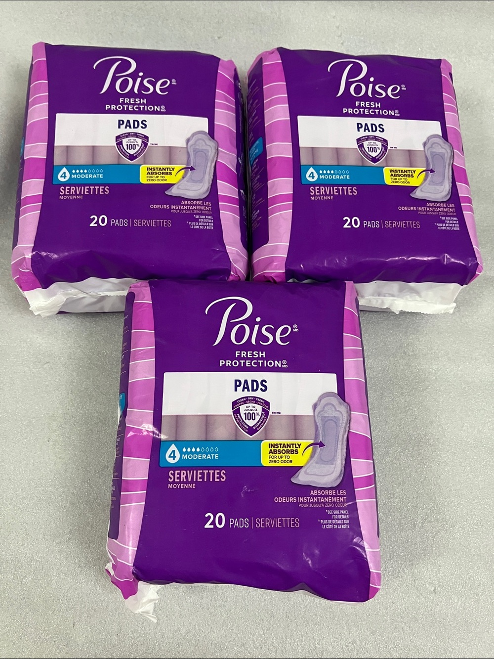 3x Poise Pads Moderate Absorbency - Purple Packaging, 20 Count (Pack)